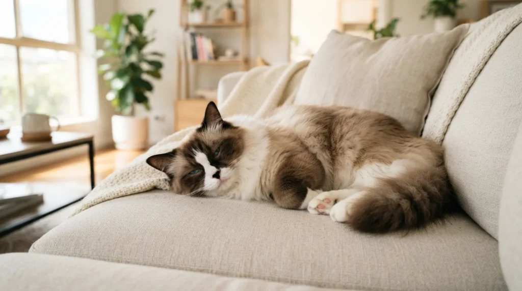 Photorealistic editorial photography of an adult seal bicolor Ragdoll cat with vivid blue oval eyes and a rich