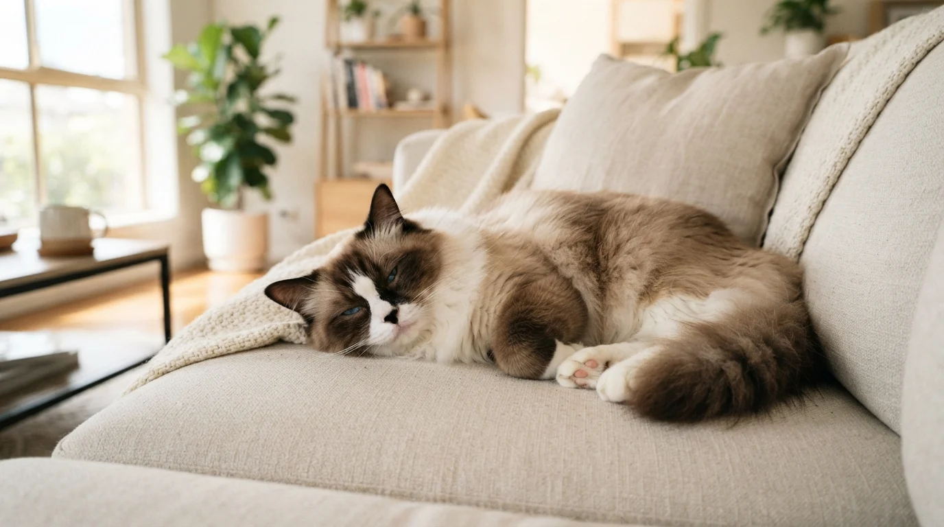 Photorealistic editorial photography of an adult seal bicolor Ragdoll cat with vivid blue oval eyes and a rich