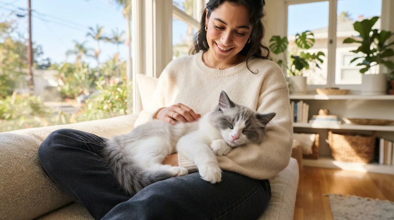 Photorealistic editorial photo of a blue bicolor Ragdoll kitten resting affectionately in the lap of a person in