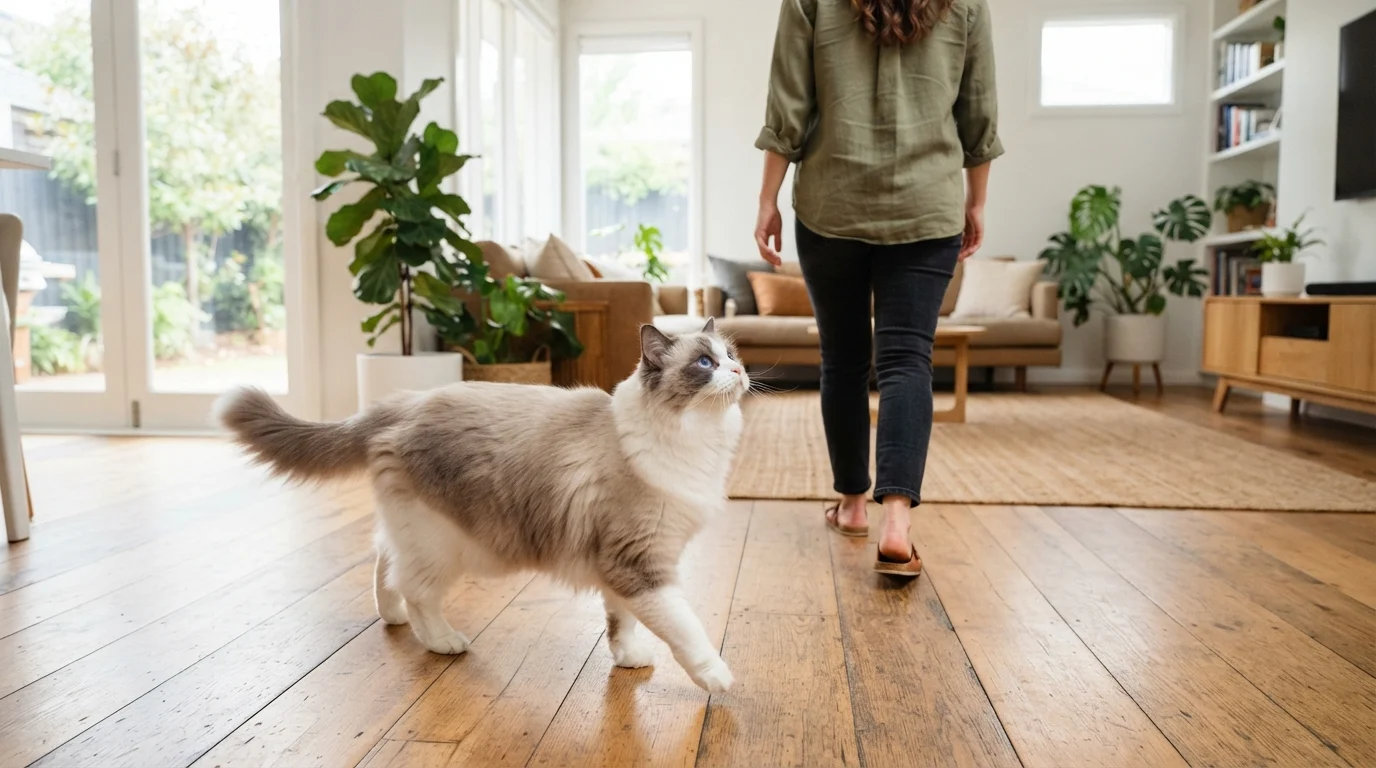 Photorealistic candid lifestyle shot of an adult blue bicolor Ragdoll cat following its owner across a warm hardwood