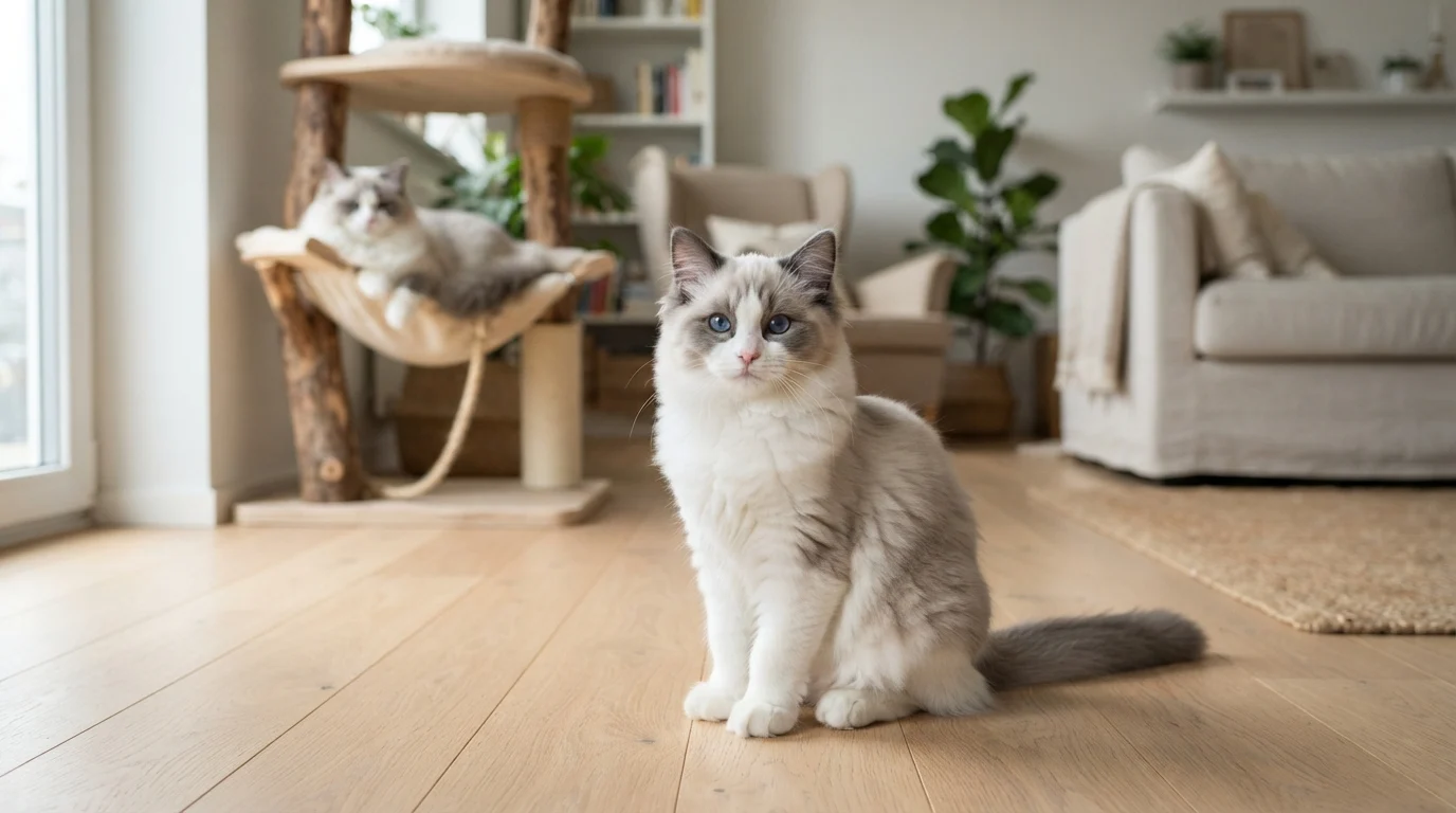 Photorealistic professional editorial pet photograph of a fluffy blue bicolor Ragdoll kitten with vivid blue eyes sitting calmly