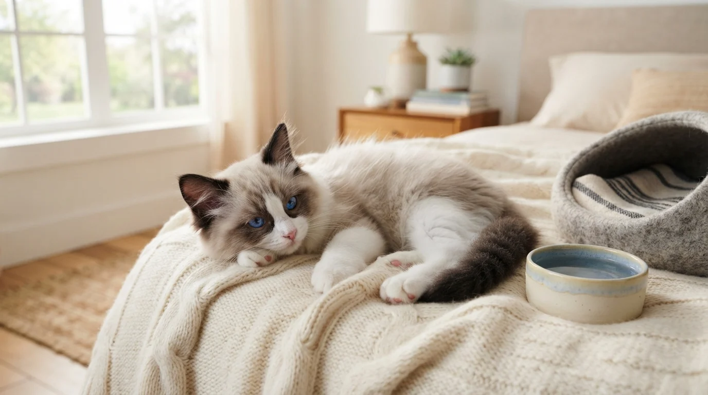 Photorealistic editorial photo of a seal bicolor Ragdoll kitten with vivid blue eyes resting on a soft blanket