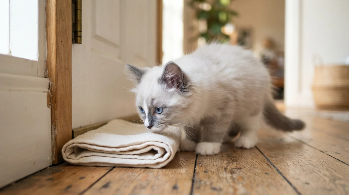 Photorealistic lifestyle photo of a blue bicolor Ragdoll kitten sniffing a folded cloth on the floor beside a