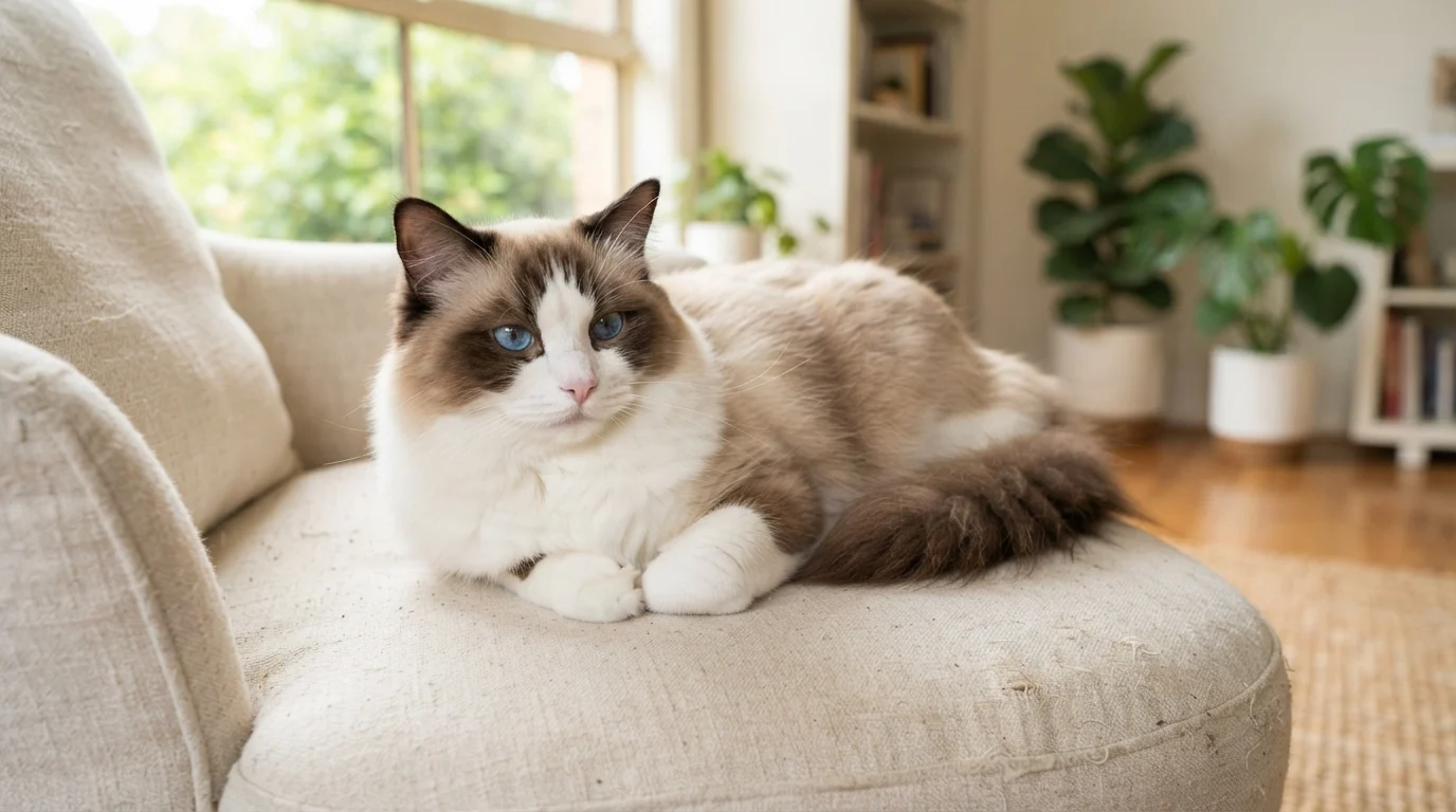 Editorial photograph of an adult seal bicolor Ragdoll cat resting gracefully on a soft linen upholstered chair in