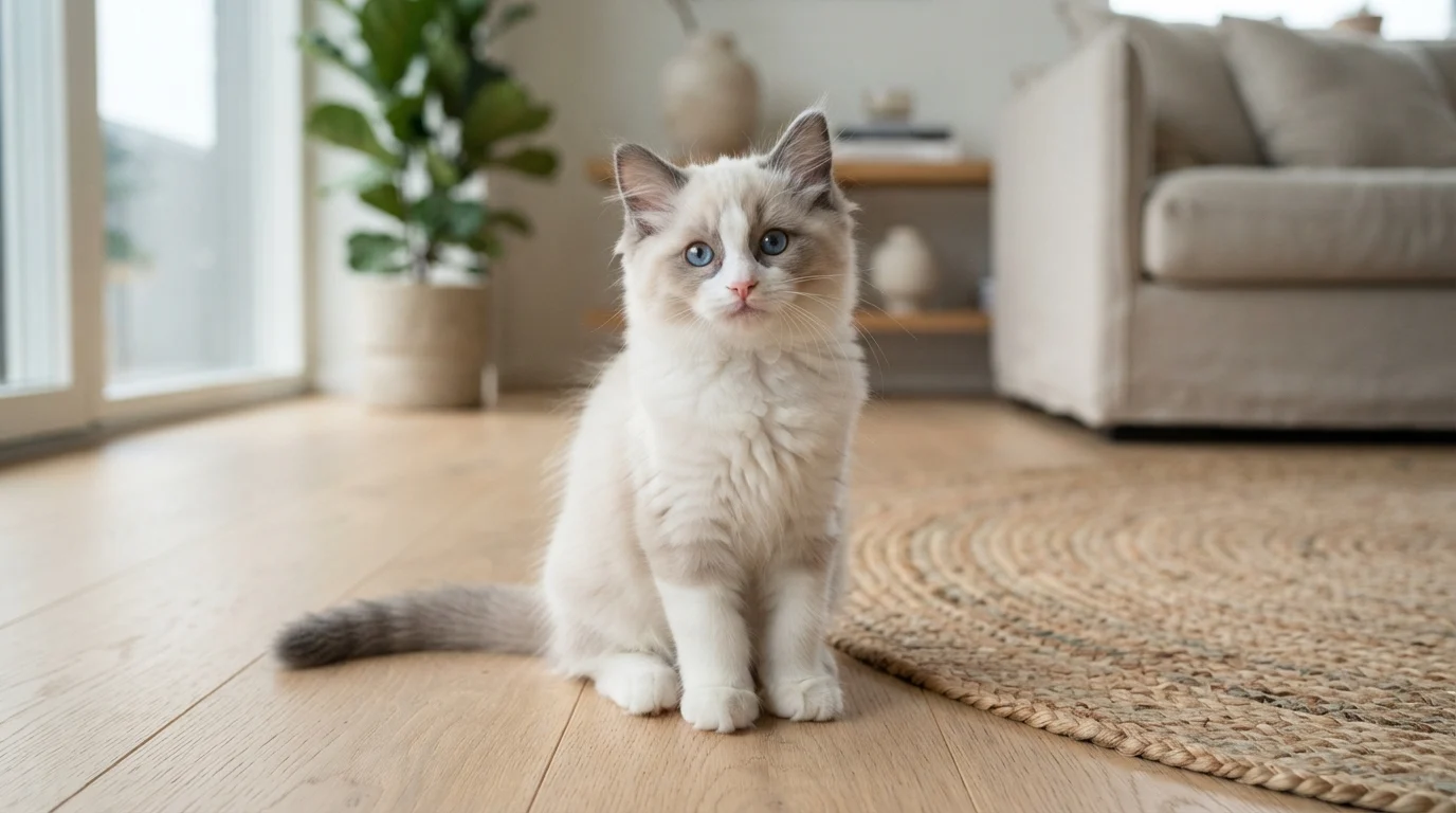 A playful blue bicolor Ragdoll kitten sitting curiously on a light oak floor beside a modern jute rug.