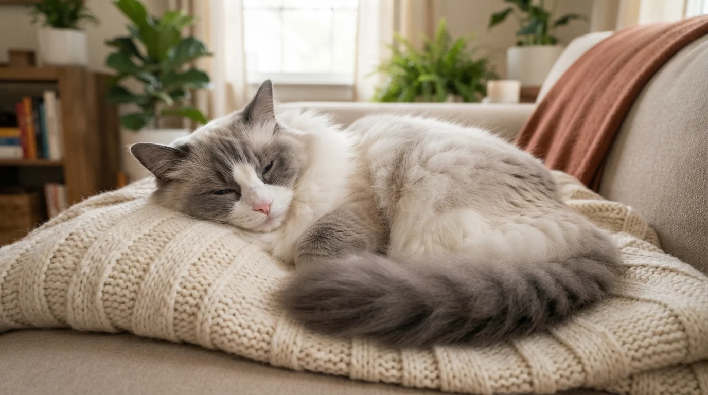 A calm, affectionate adult blue bicolor Ragdoll cat comfortably curled up on a cream-colored knit blanket on a