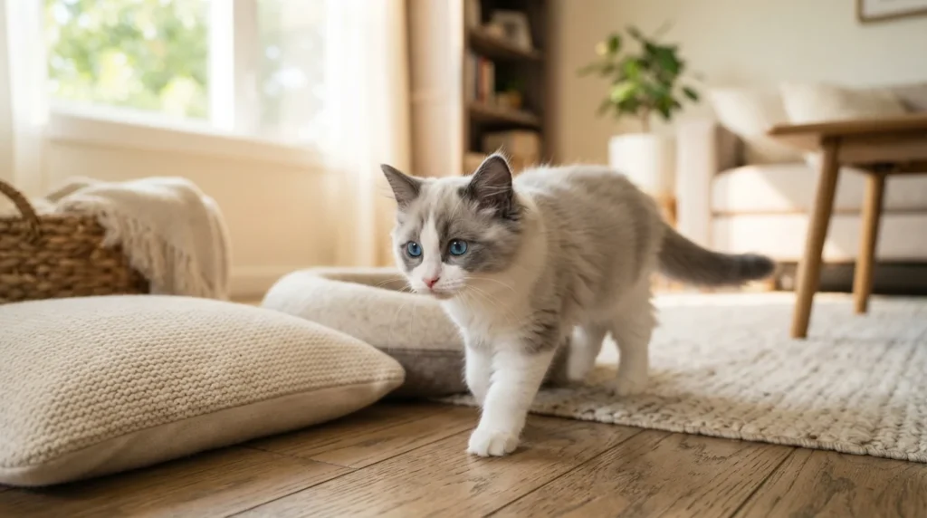 Photorealistic editorial pet photograph of a blue bicolor Ragdoll kitten with vivid blue eyes and soft semi-long fur,