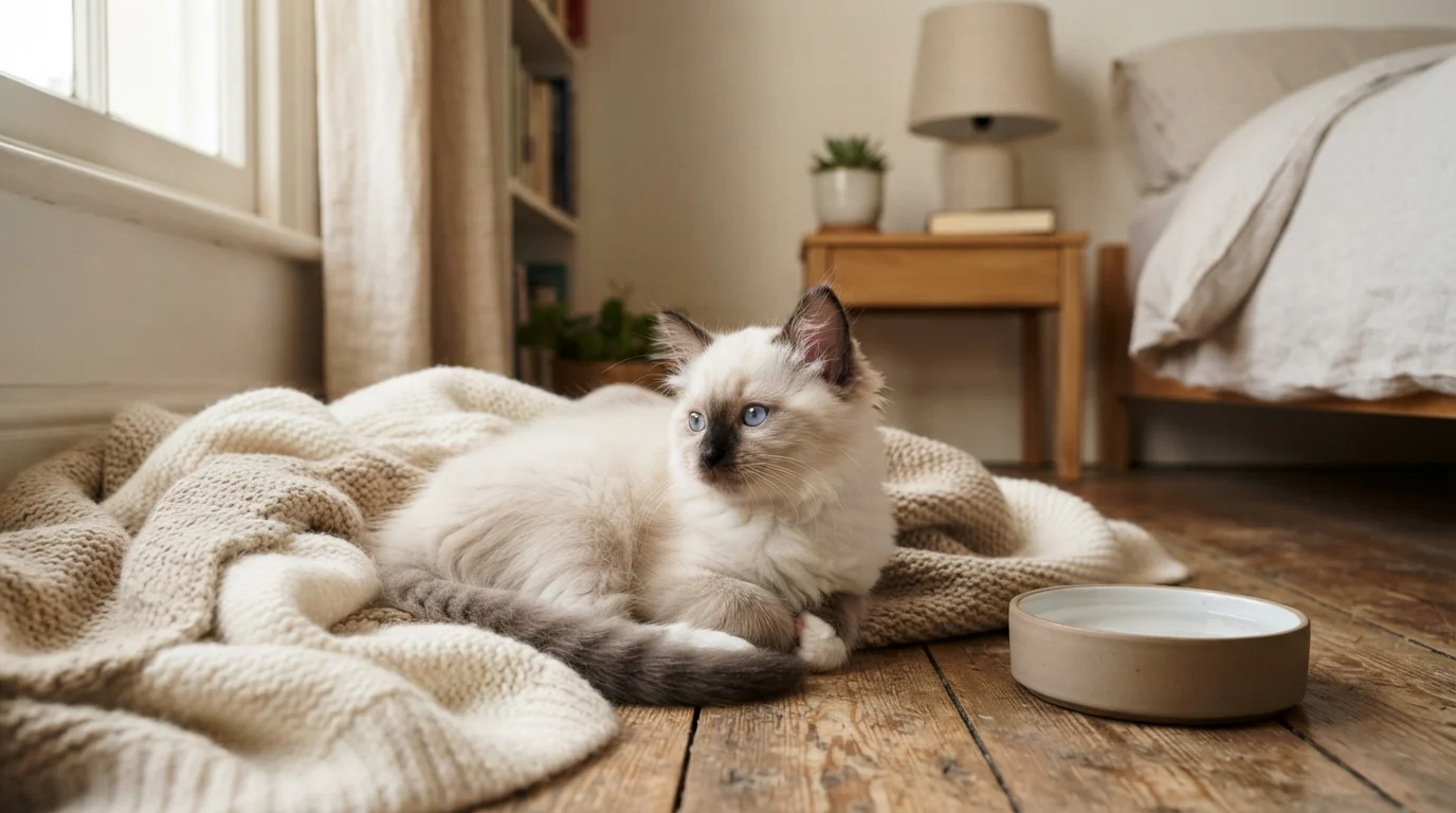 Photorealistic professional photo of a seal bicolor Ragdoll kitten with bright blue eyes resting in a cozy, quiet