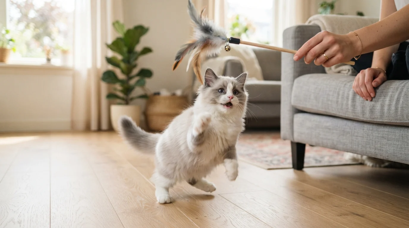 Photorealistic lifestyle photo of a blue bicolor Ragdoll kitten playfully batting a feather wand toy held by a