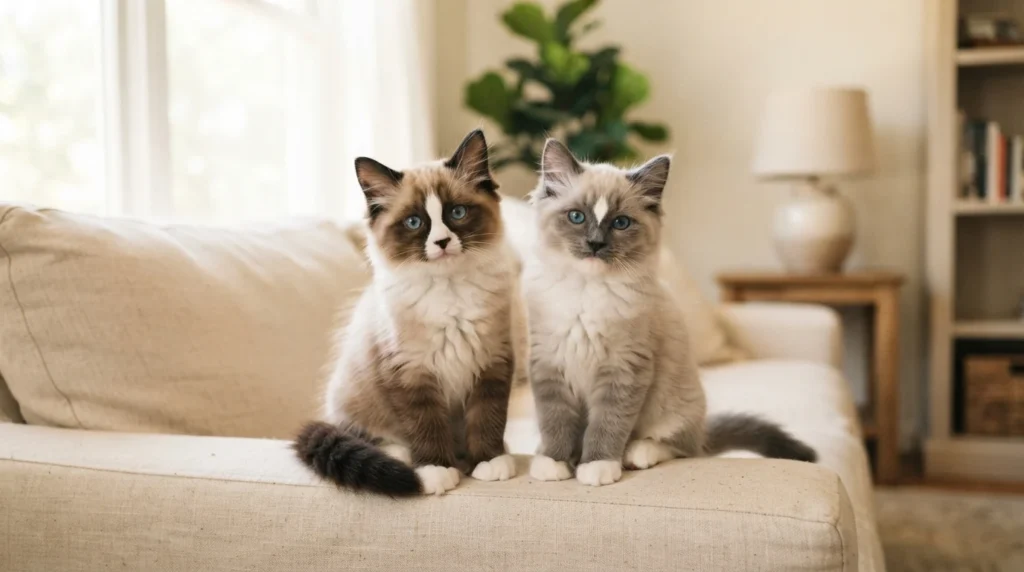 Professional editorial pet photograph of two Ragdoll kittens sitting side by side on a light cream linen sofa