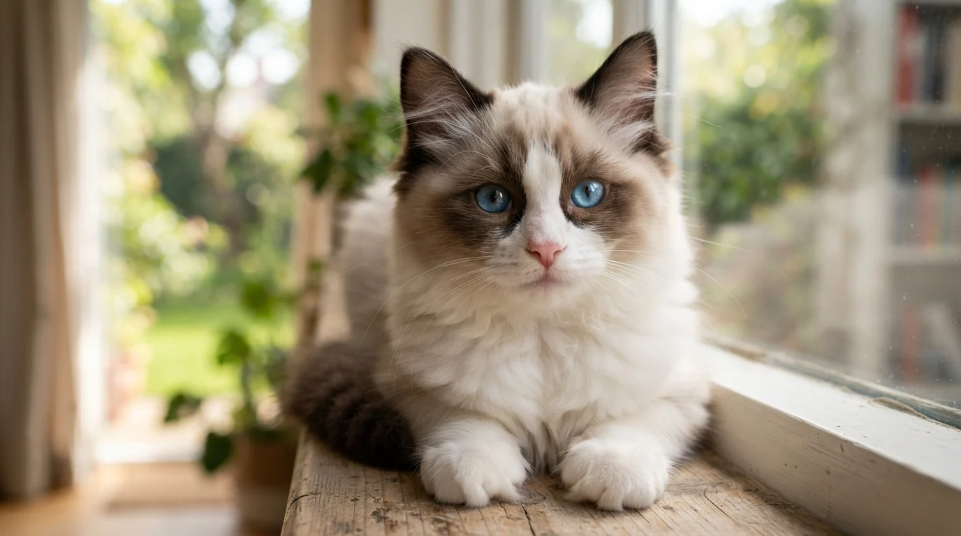 Close-up photorealistic portrait of a seal bicolor Ragdoll kitten with deep brown mask and ears, a white inverted