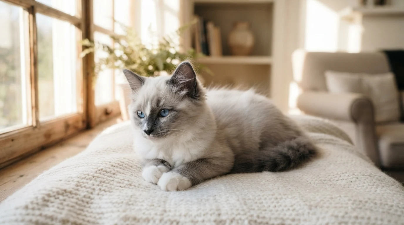 Photorealistic lifestyle image of a blue bicolor Ragdoll kitten with slate-gray points, white chin and chest, white front